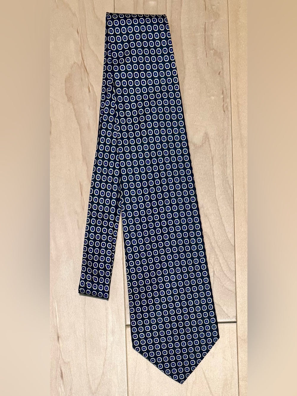 VTG Polo Ralph Lauren 100% Silk Tie Blue Geometric Medallion Hand Made in USA